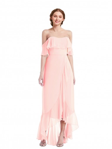 Best Off the Shoulder Ruffled High Low Maxi Bridesmaid Dress UK
