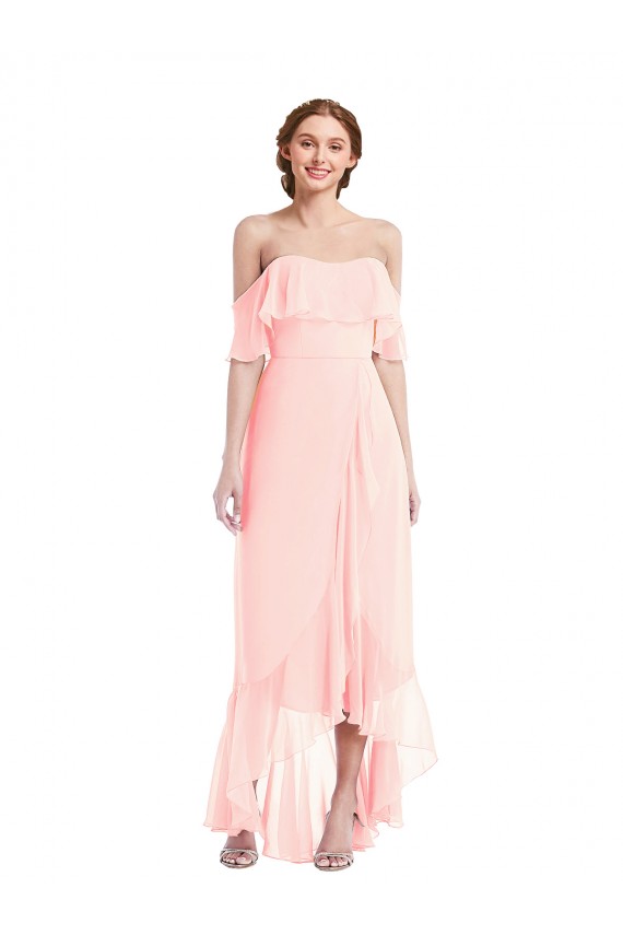 Best Off the Shoulder Ruffled High Low Maxi Bridesmaid Dress UK