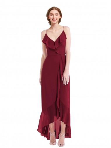 Best Ruffle Trimmed V-Neck High Low Wrap Chiffon Bridesmaid Dress UK
