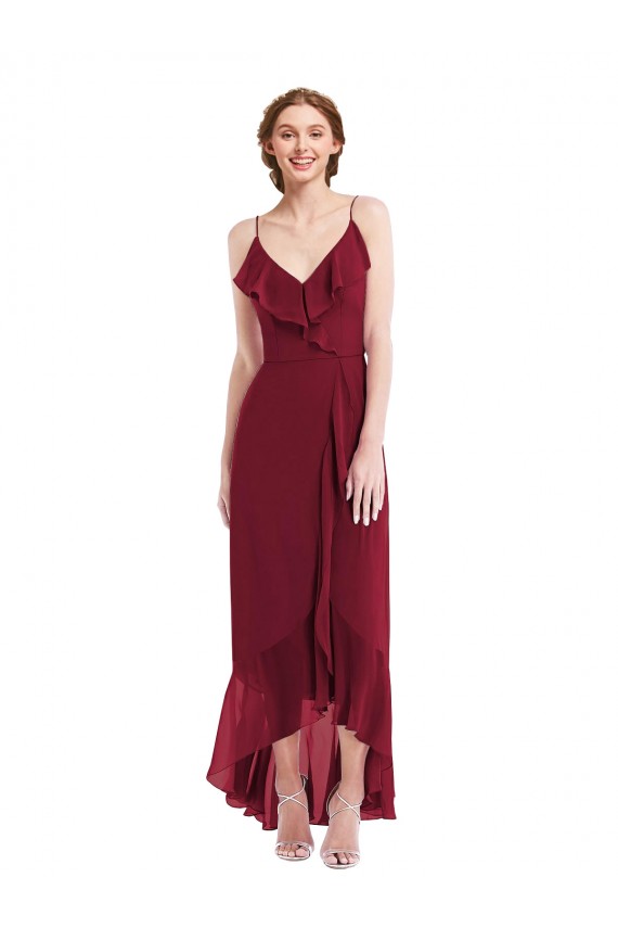 Best Ruffle Trimmed V-Neck High Low Wrap Chiffon Bridesmaid Dress UK