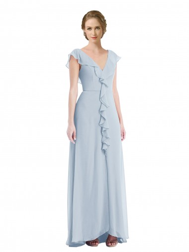 Best Ruffle Trimmed V Back Chiffon Maxi Bridesmaid Dress UK