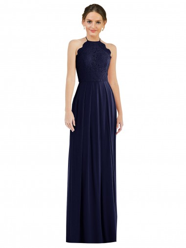Best Tie Neck Lace Halter Pleated Skirt Maxi Bridesmaid Dress UK