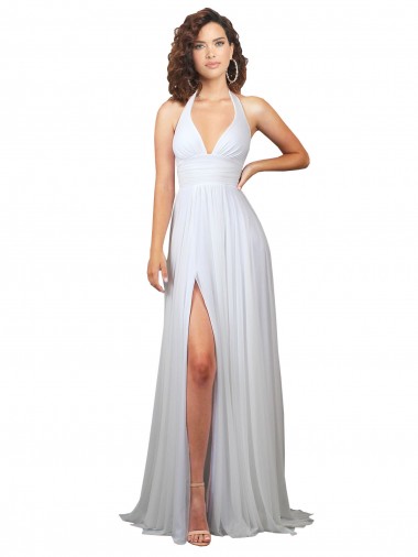 Best Halter Plunge V-Neckline Chiffon Dress with High Leg Split UK