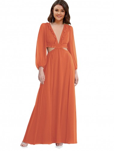 Best High Low Ruffled Long Chiffon Cutout Bishop Sleeves Maxi Bridesmaid Dress UK