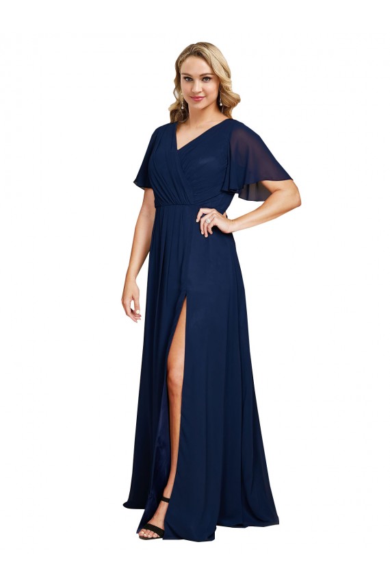 Best Chiffon V-Neck Short Sleeves Long Formal Bridesmaid Dress / Prom Dress with High Slit UK
