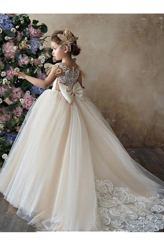 Best Champagne Ball Gown Sweetheart Chapel Train Sleeveless Flower Girl Dress UK