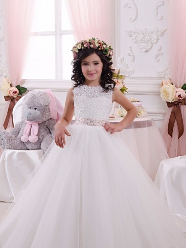 Best Ivory Ball Gown Bateau Chapel Train Sleeveless Flower Girl Dress UK