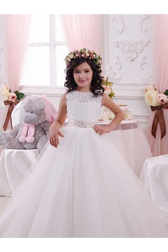 Best Ivory Ball Gown Bateau Chapel Train Sleeveless Flower Girl Dress UK