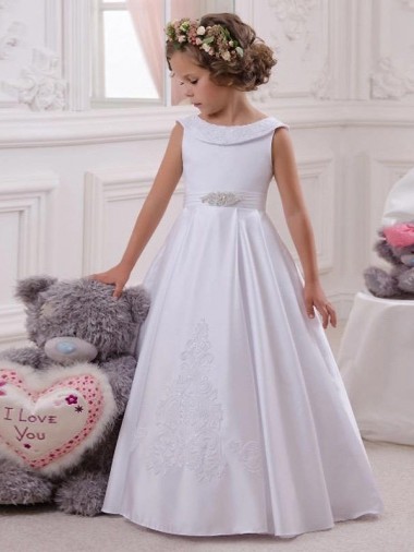 Best Ivory Ball Gown Bateau Floor Length Flower Girl Dress UK