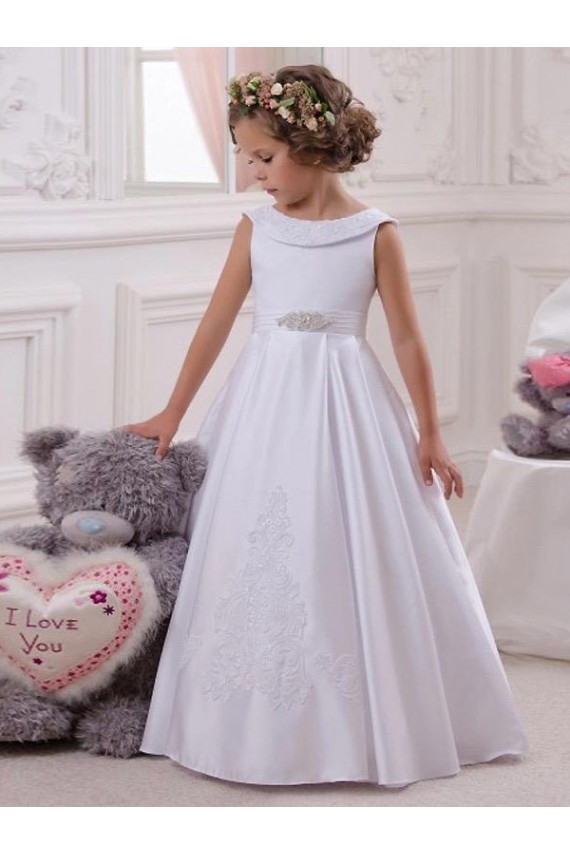 Best Ivory Ball Gown Bateau Floor Length Flower Girl Dress UK