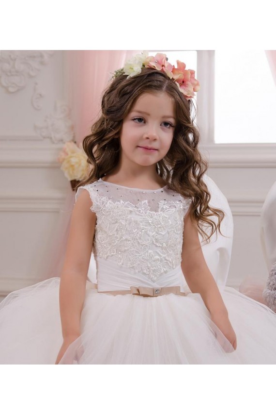 Best Ivory Ball Gown Bateau Neck Chapel Train Sleeveless Flower Girl Dress UK