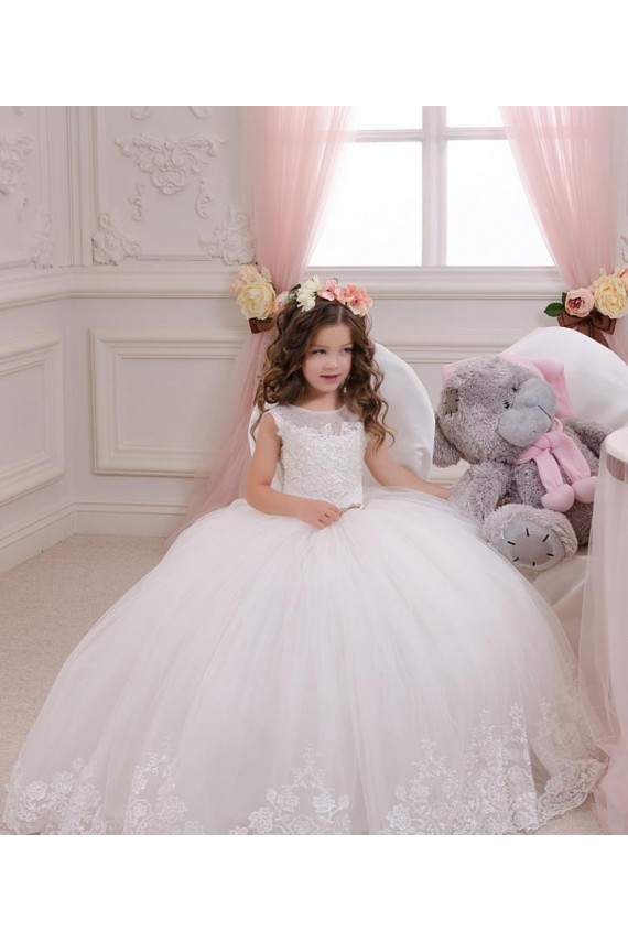 Best Ivory Ball Gown Bateau Neck Chapel Train Sleeveless Flower Girl Dress UK