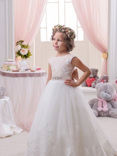 Best Ivory Ball Gown Bateau Neck Chapel Train V-Back Flower Girl Dress UK