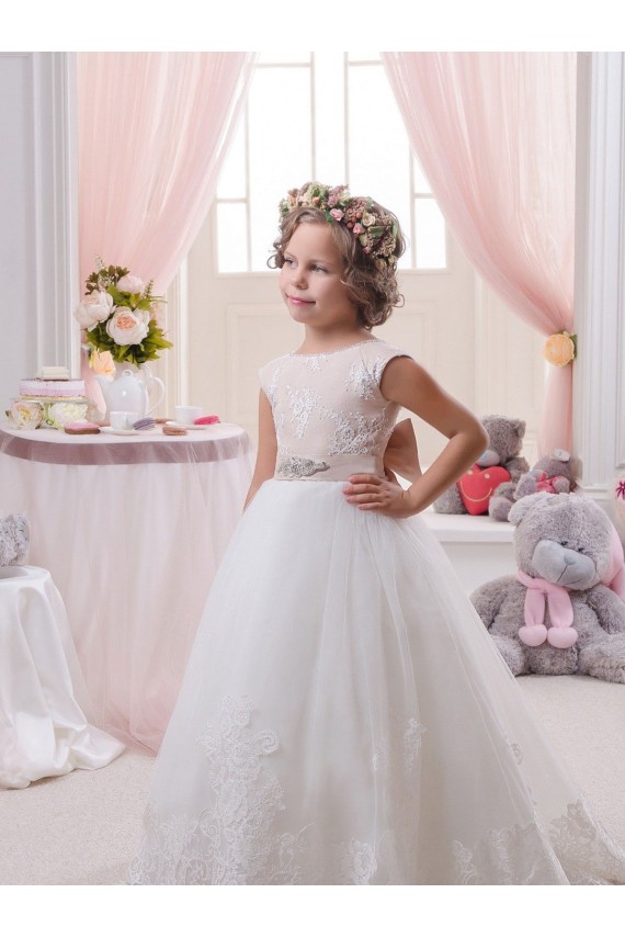 Best Ivory Ball Gown Bateau Neck Chapel Train V-Back Flower Girl Dress UK
