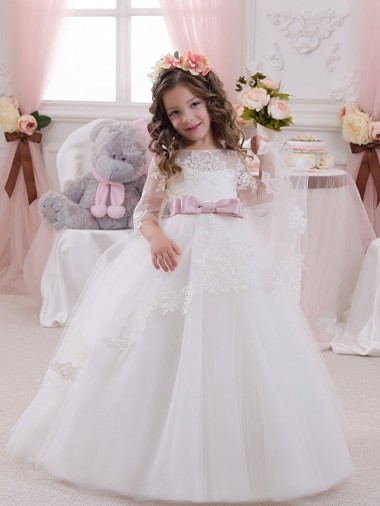 Best Ivory Ball Gown Bateau Neck Long Chapel Train Sleeveless Flower Girl Dress UK