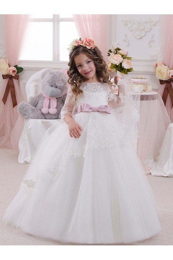 Best Ivory Ball Gown Bateau Neck Long Chapel Train Sleeveless Flower Girl Dress UK