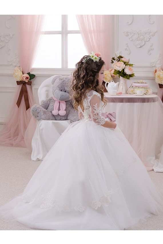 Best Ivory Ball Gown Bateau Neck Long Chapel Train Sleeveless Flower Girl Dress UK