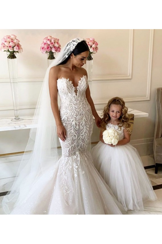 Best Ivory Ball Gown Chapel Train Sleeveless Flower Girl Dress UK