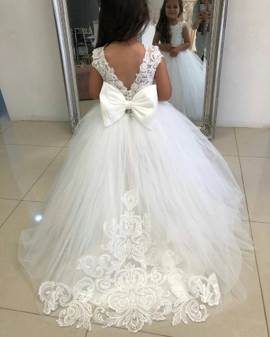 Best Ivory Ball Gown Chapel Train Sleeveless Flower Girl Dress UK