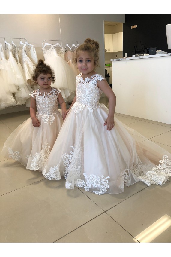 Best Ivory Ball Gown Chapel Train Sleeveless V-Back Flower Girl Dress UK