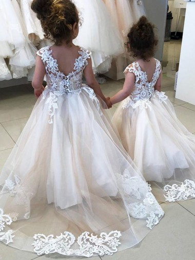 Best Ivory Ball Gown Chapel Train Sleeveless V-Back Flower Girl Dress UK