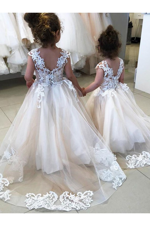 Best Ivory Ball Gown Chapel Train Sleeveless V-Back Flower Girl Dress UK