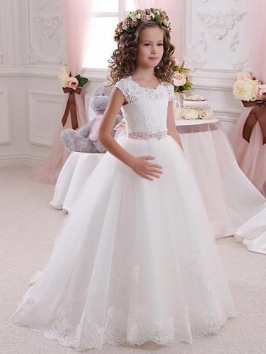 Best Ivory Ball Gown High Neck Floor Length Keyhole Back Flower Girl Dress UK