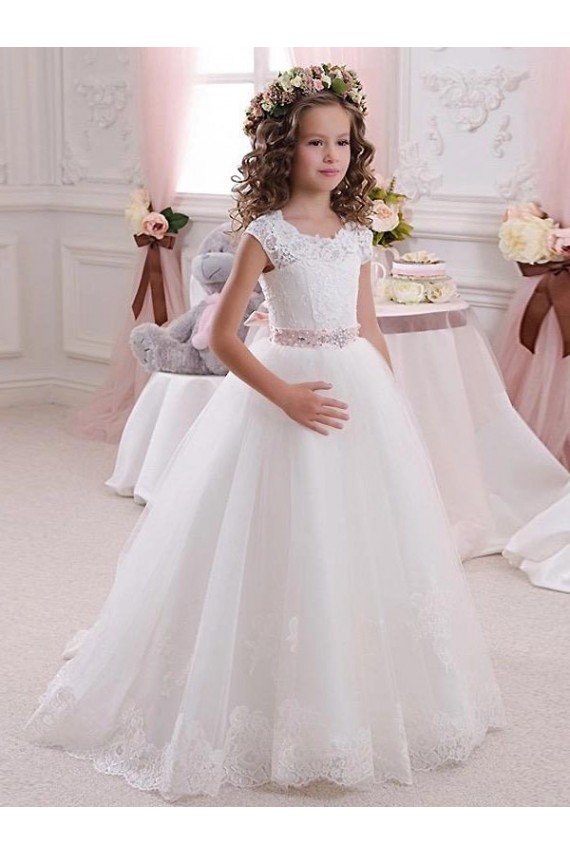 Best Ivory Ball Gown High Neck Floor Length Keyhole Back Flower Girl Dress UK