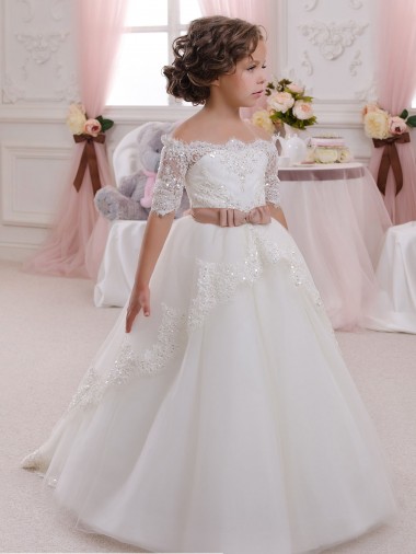 Best Ivory Ball Gown High Neck Floor Length Short Sleeve Flower Girl Dress UK