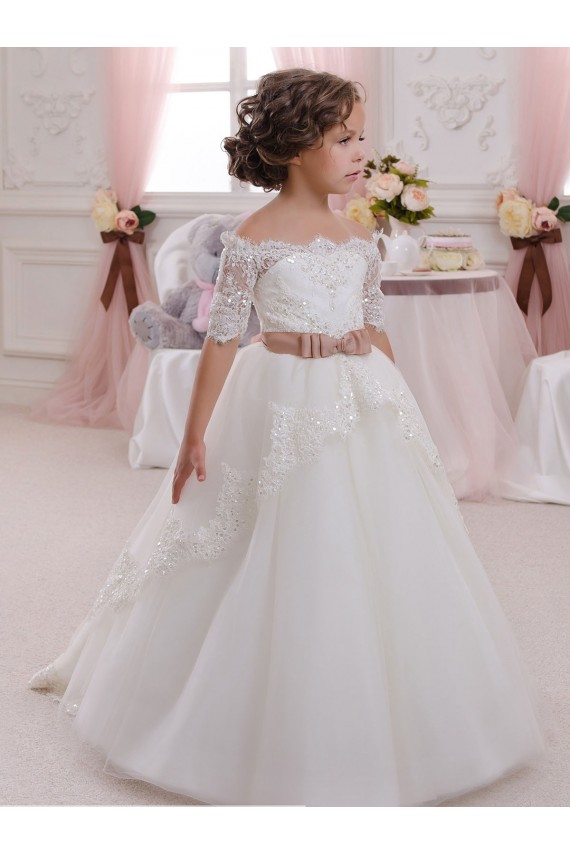 Best Ivory Ball Gown High Neck Floor Length Short Sleeve Flower Girl Dress UK
