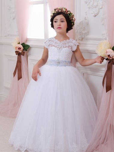 Best Ivory Ball Gown Sweetheart Chapel Train Cap Sleeve Flower Girl Dress UK