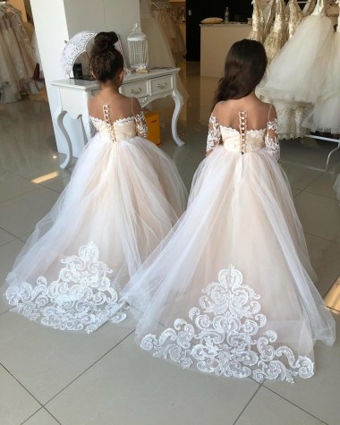 Best Ivory Ball Gown Sweetheart Chapel Train Long Sleeve Flower Girl Dress UK