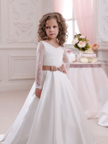 Best Ivory Ball Gown V-Neck Chapel Train Long Sleeve Flower Girl Dress UK