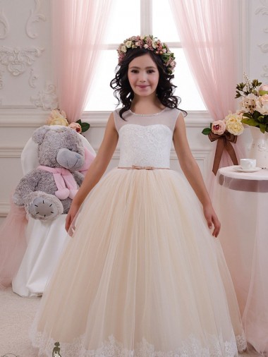 Best Ivory & Champagne Ball Gown Sweetheart Floor Length Sleeveless Flower Girl Dress UK