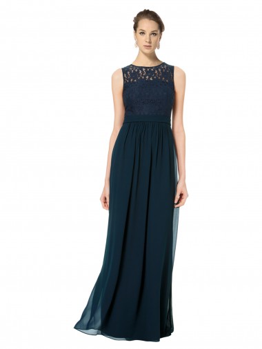 Best Long Chiffon Bridesmaid Dress with Lace Sleeveless Bodice and Keyhole Back UK