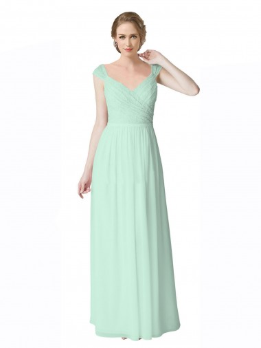 Best Long Chiffon Bridesmaid Dress with Corded Lace V-Neck Bodice UK