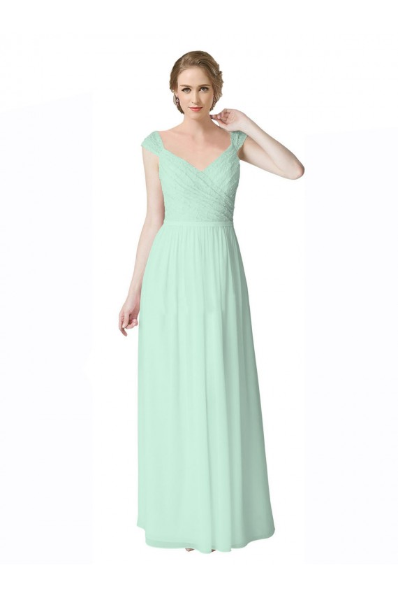 Best Long Chiffon Bridesmaid Dress with Corded Lace V-Neck Bodice UK