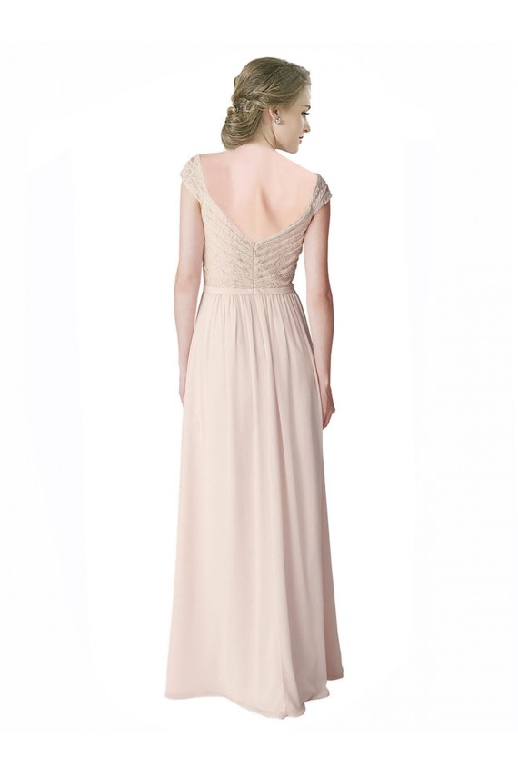 Best Long Chiffon Bridesmaid Dress with Corded Lace V-Neck Bodice UK