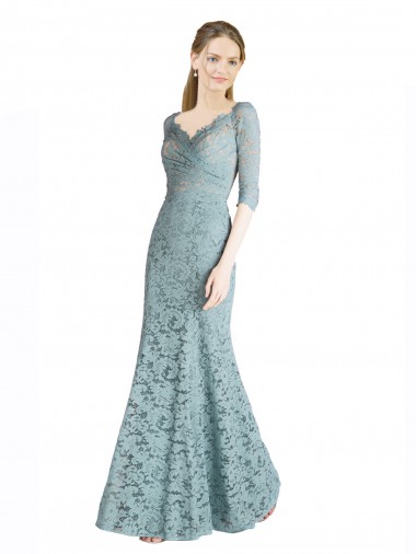 Best Half Sleeves Pleated Lace Bridesmaid Dress / Prom Dress with Wrap-Around Portrait Neckline UK