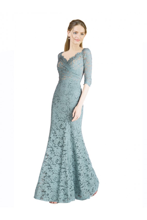 Best Half Sleeves Pleated Lace Bridesmaid Dress / Prom Dress with Wrap-Around Portrait Neckline UK