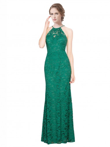 Best High Illusion Halter Neck Long Lace Bridesmaid Dress / Prom Dress UK