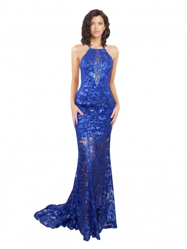 Best High Neck Long Open Back Lace Bridesmaid Dress / Prom Dress with Train UK