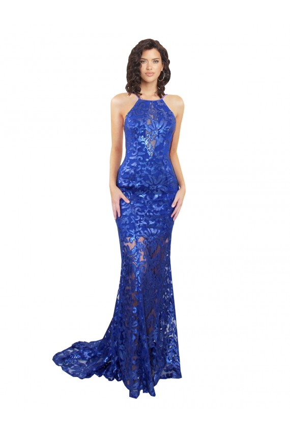 Best High Neck Long Open Back Lace Bridesmaid Dress / Prom Dress with Train UK