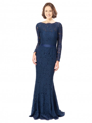 Best Long Sleeves Floor Length Vintage Lace Bridesmaid Dress with Deep V-Back UK