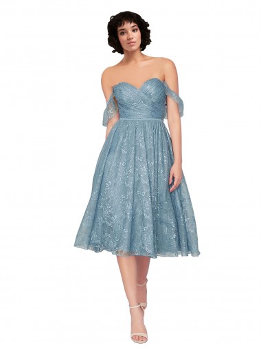 Best Off the Shoulder Sweetheart Chantilly Lace Midi Length Cocktail Bridesmaid Dress UK