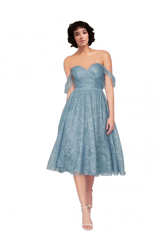 Best Off the Shoulder Sweetheart Chantilly Lace Midi Length Cocktail Bridesmaid Dress UK
