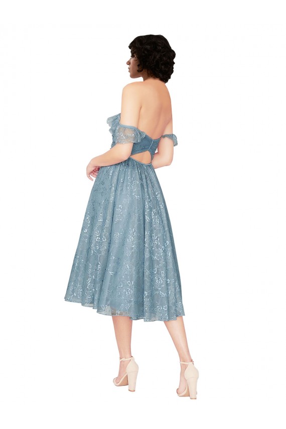 Best Off the Shoulder Sweetheart Chantilly Lace Midi Length Cocktail Bridesmaid Dress UK