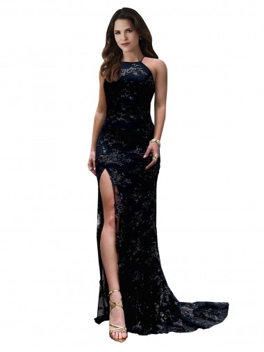 Best Formal High Neckline Lace Open Back Bridesmaid Dress / Prom Dress with High Slit UK