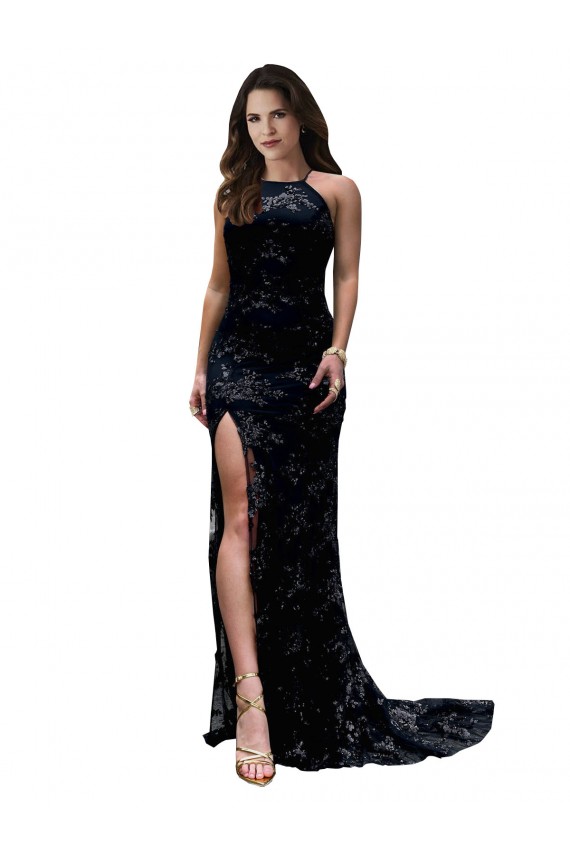 Best Formal High Neckline Lace Open Back Bridesmaid Dress / Prom Dress with High Slit UK
