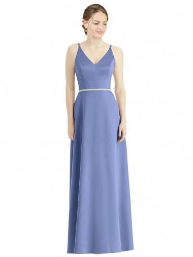 Best Long Floor Length V-Neck Satin Bridesmaid Dress with Spaghetti Straps UK